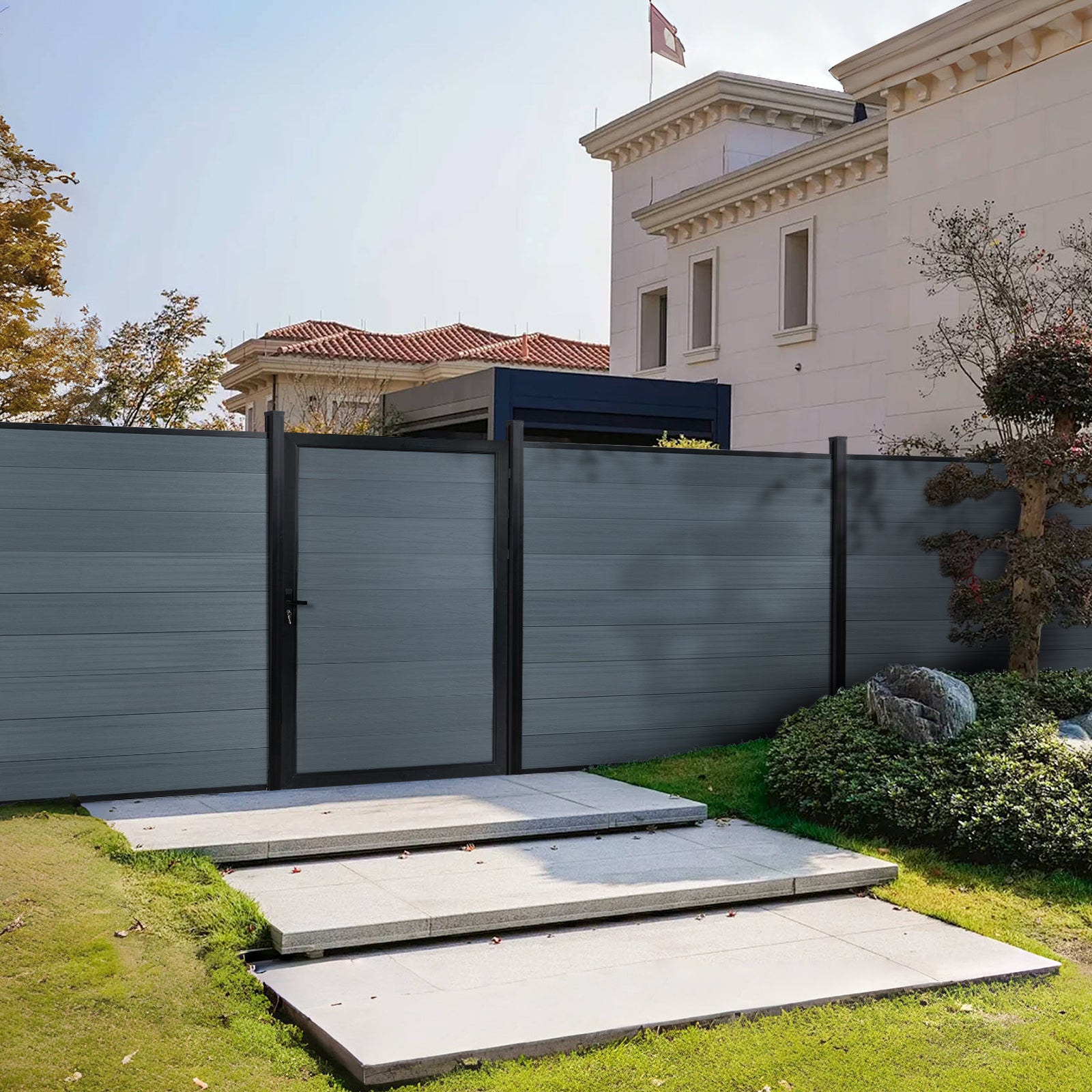 6ft x 6ft Wood grain panel fence, ground screw installation, aluminum frame/posts