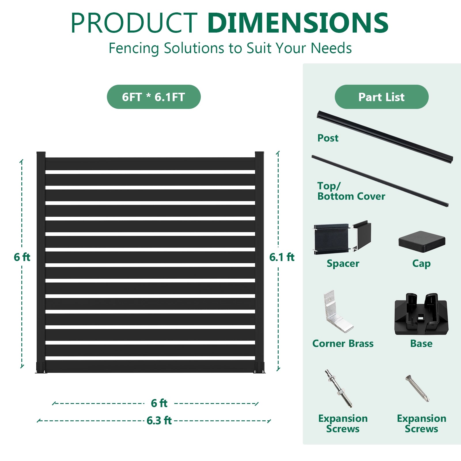 Product dimensions and parts list for rust-proof 6ft wide aluminum slat fence panel with surface-mount base flanges.