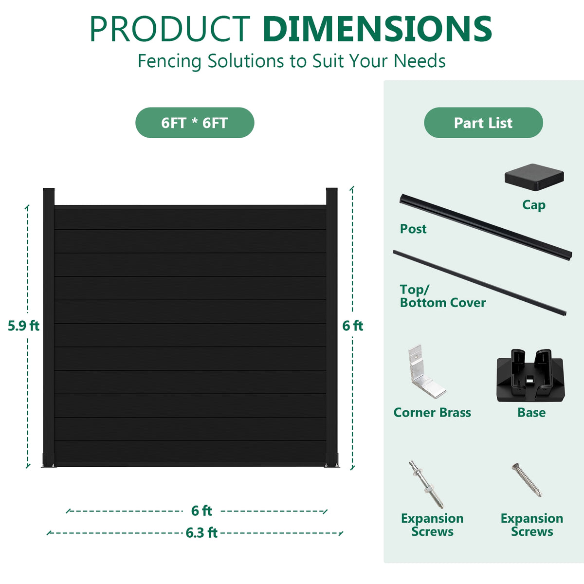 Product dimensions and parts list for 6ft wide black aluminum full privacy fence panel with 6ft surface-mount base flanges.