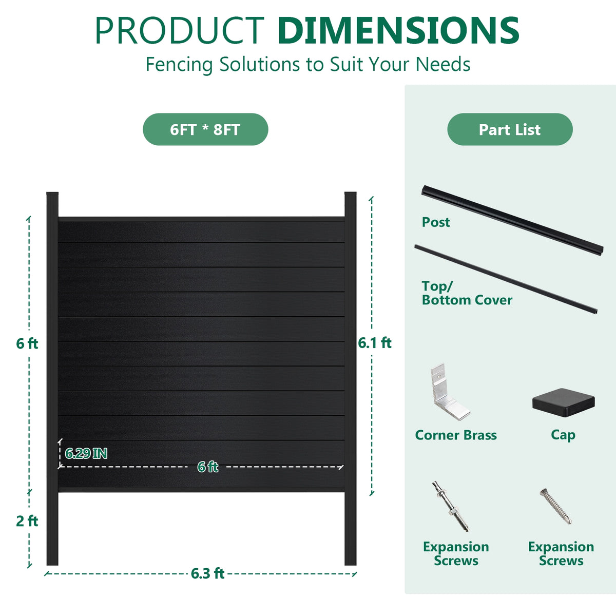 Product dimensions and parts list for 6ft wide black aluminum full privacy fence panel with 8ft in-ground installation posts.