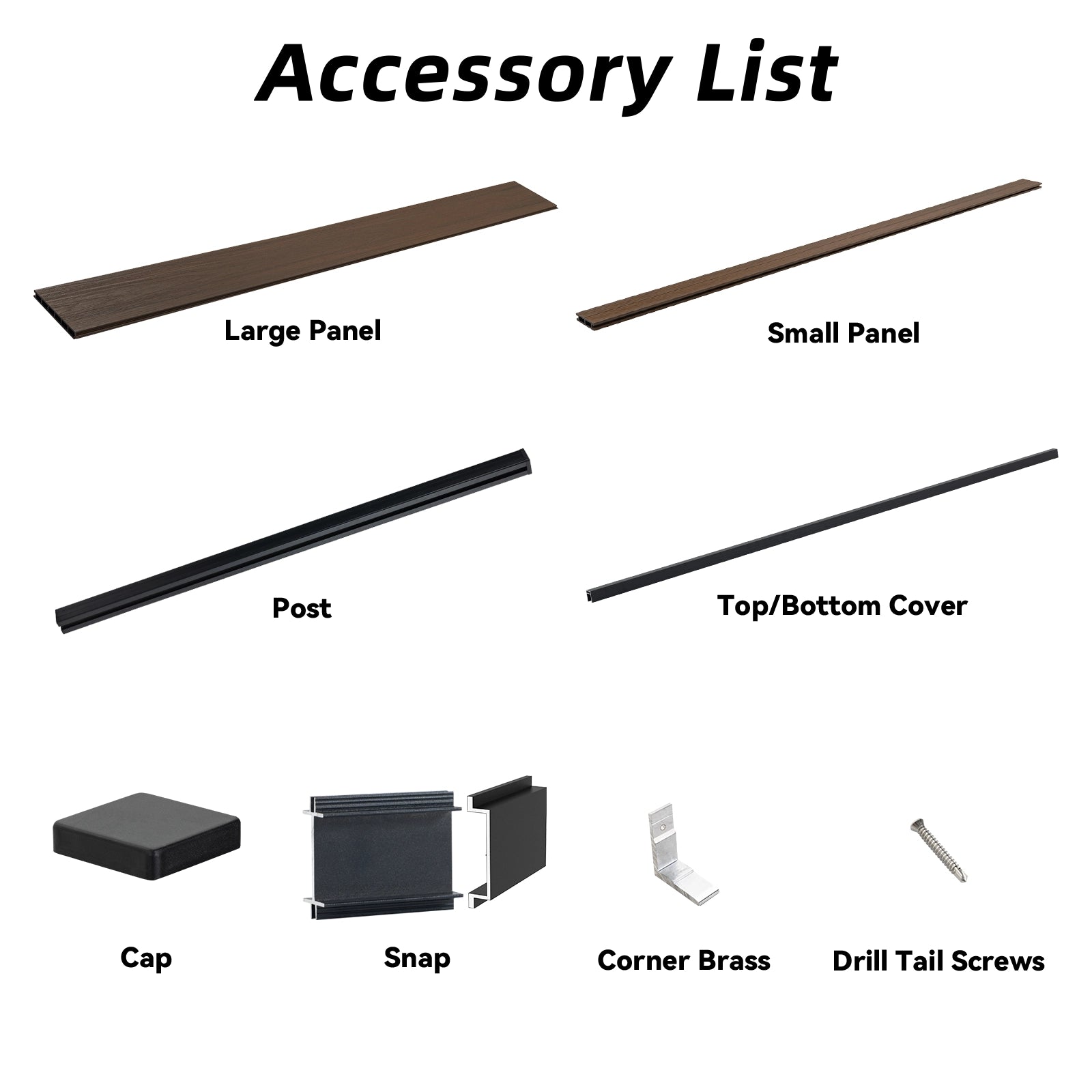 Product dimensions and parts list for 6ft wide modern wood-finish composite fence panel with slat top and 8ft in-ground posts.