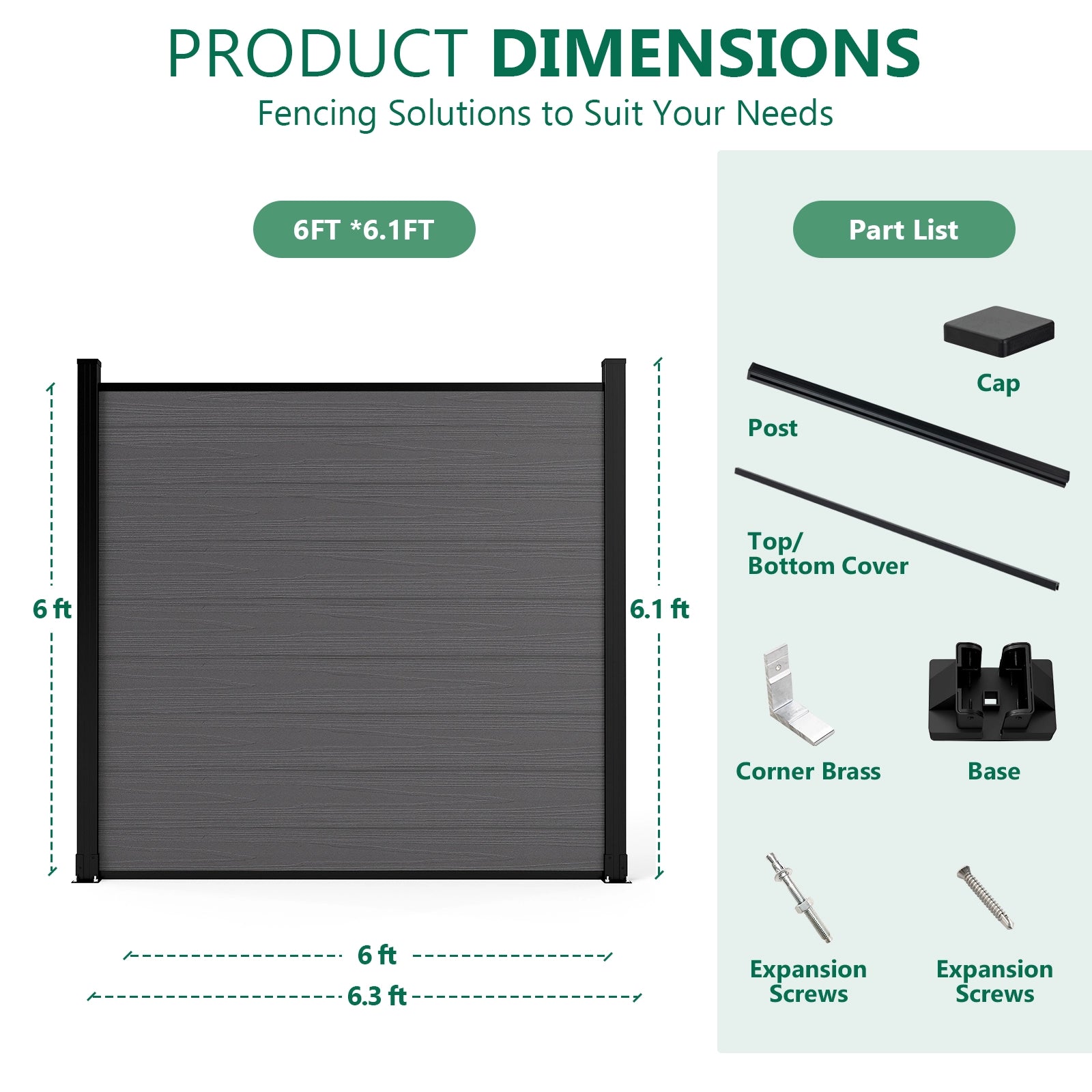 Product dimensions and parts list for 6ft x 6ft silver gray composite privacy fence panel with WPC wood finish.