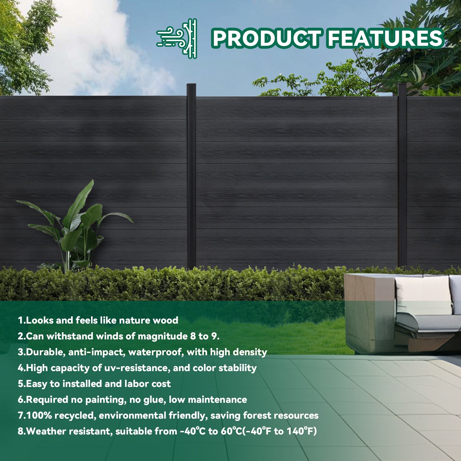 6ft x 6ft Wood grain panel fence, ground screw installation, aluminum frame/posts - CourtyardMart