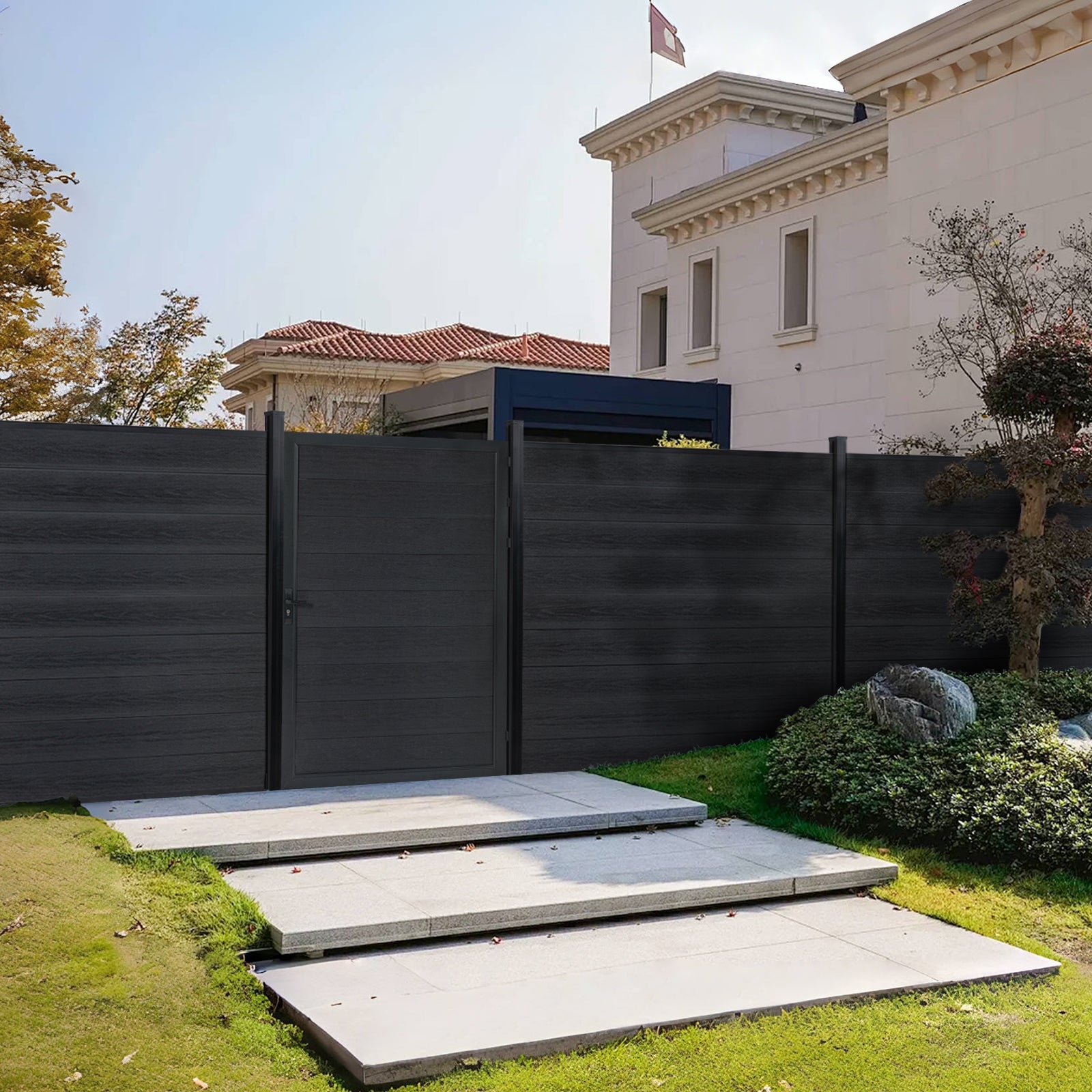 6ft x 6ft Wood grain panel fence, ground screw installation, aluminum frame/posts - CourtyardMart