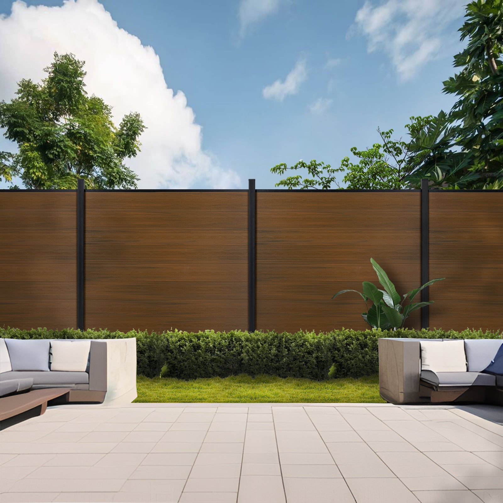 6ft x 6ft Wood grain panel fence, ground screw installation, aluminum frame/posts - CourtyardMart
