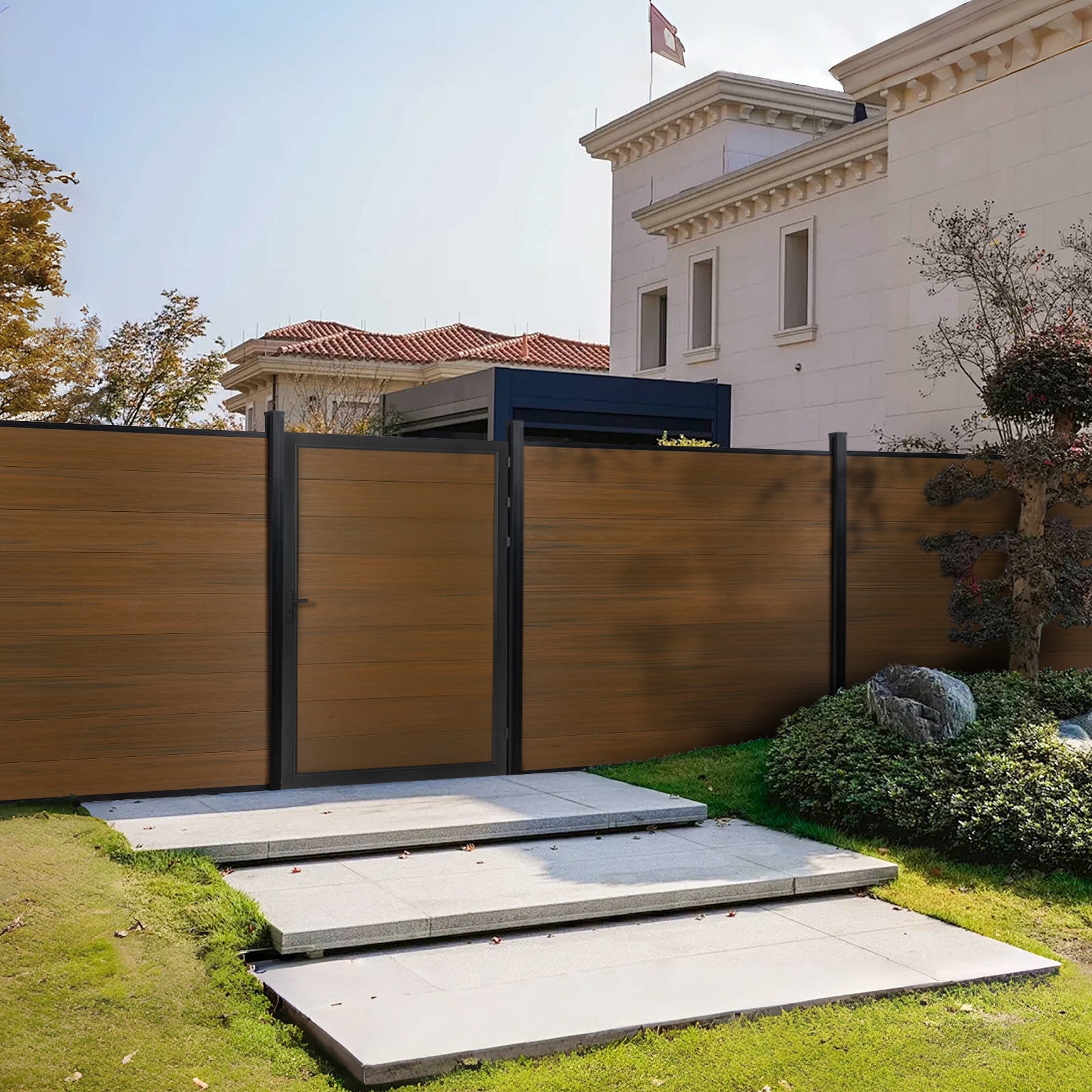 6ft x 6ft Wood grain panel fence, ground screw installation, aluminum frame/posts - CourtyardMart