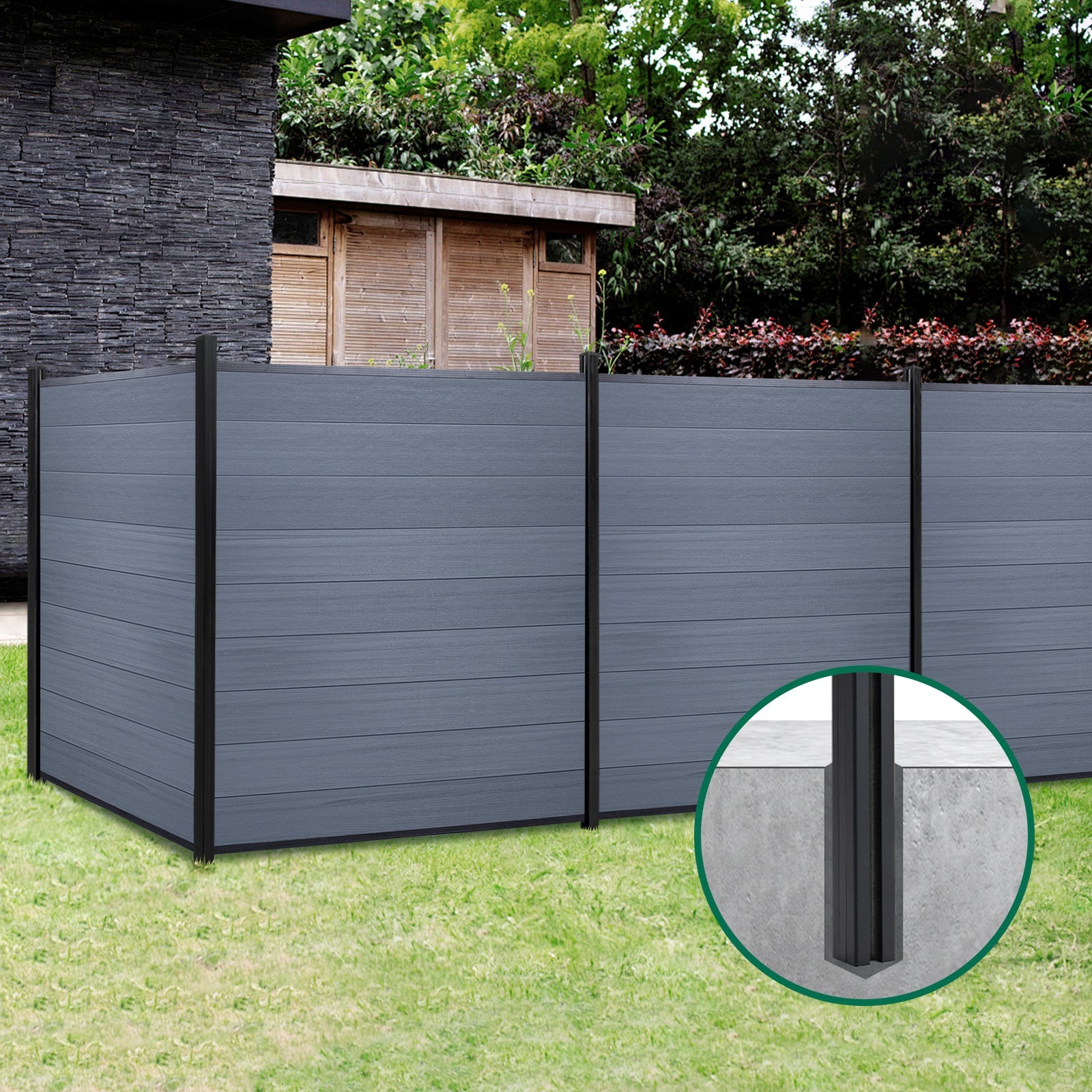 6ft x 6ft Wood grain panel fence, inground post, aluminum frame/posts - CourtyardMart