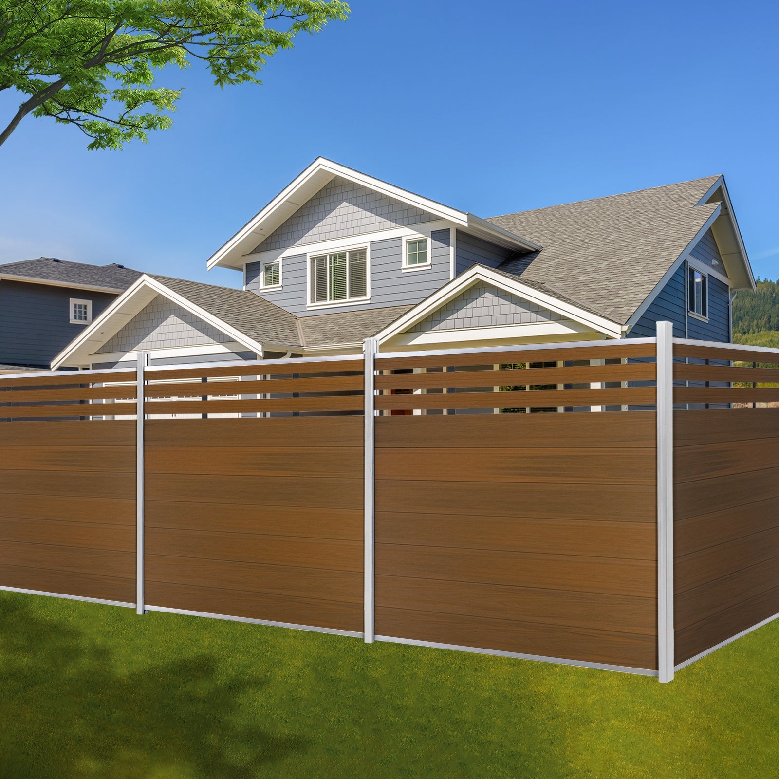 6ft*6ft Wood grain panel fence silver post ground screw installation Lattice Top fence - CourtyardMart