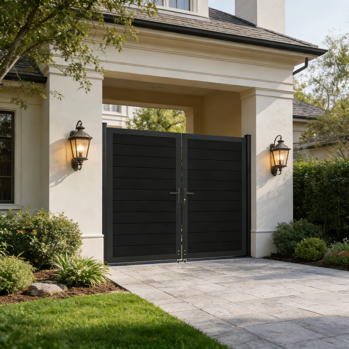 6ft High Black Aluminum Privacy Fence Gate | Double Driveway Gate