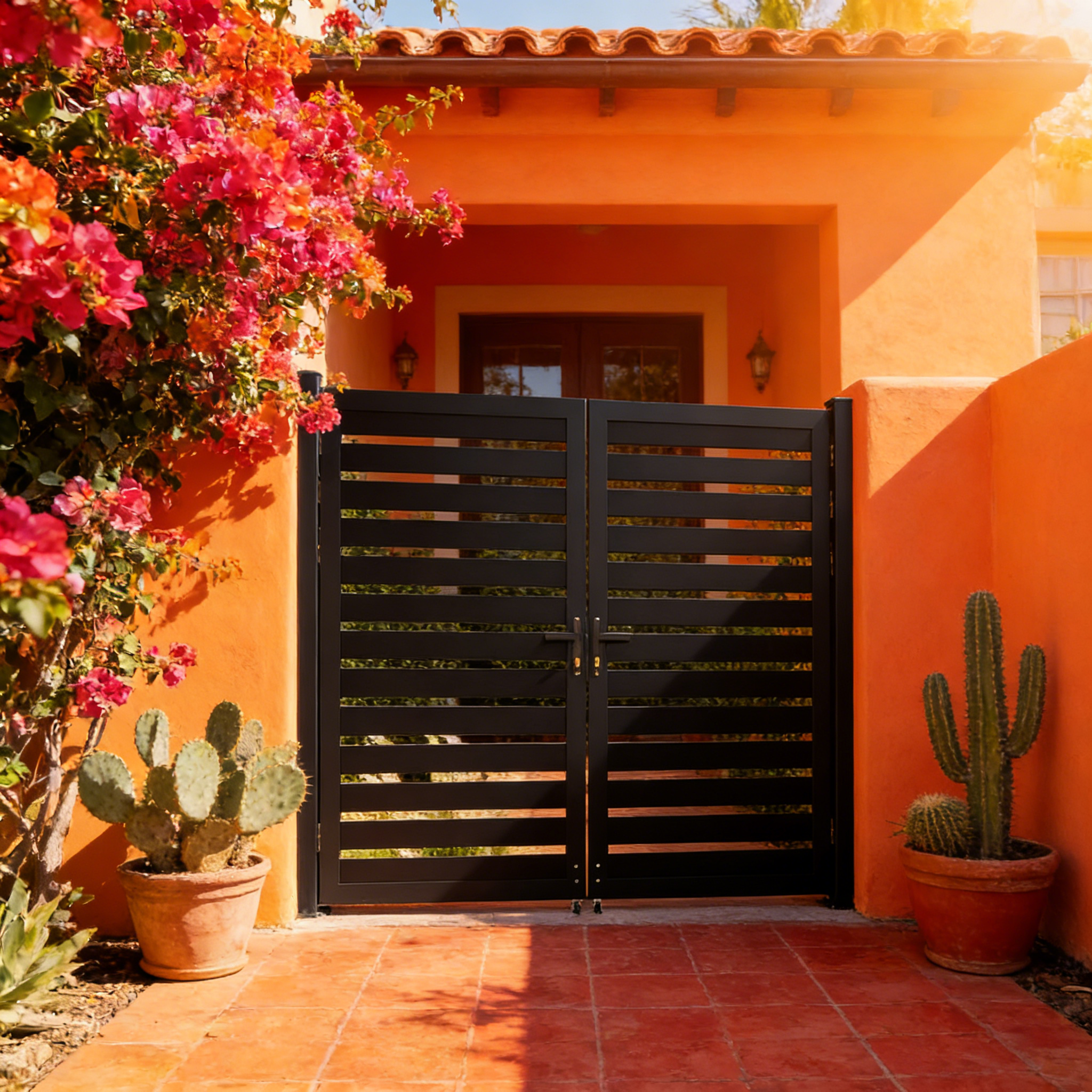 6ft High Black Aluminum Double Fence Gate with Horizontal Slats, Modern Outdoor Gate for Backyard or Driveway, 6ft, 8ft, and 10ft Wide