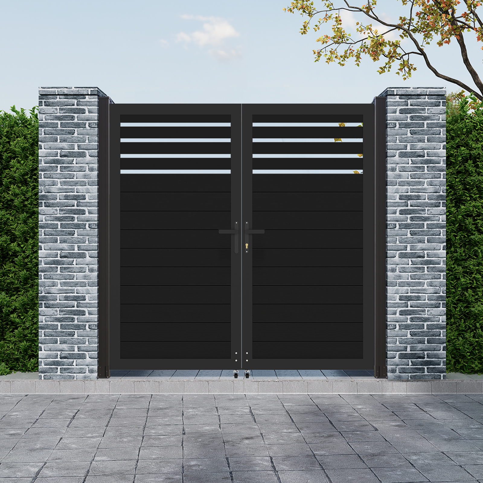 6ft High Black Aluminum Semi-Privacy Fence Gate, Modern Double Gate for Backyard or Driveway, 6ft, 8ft, and 10ft Wide