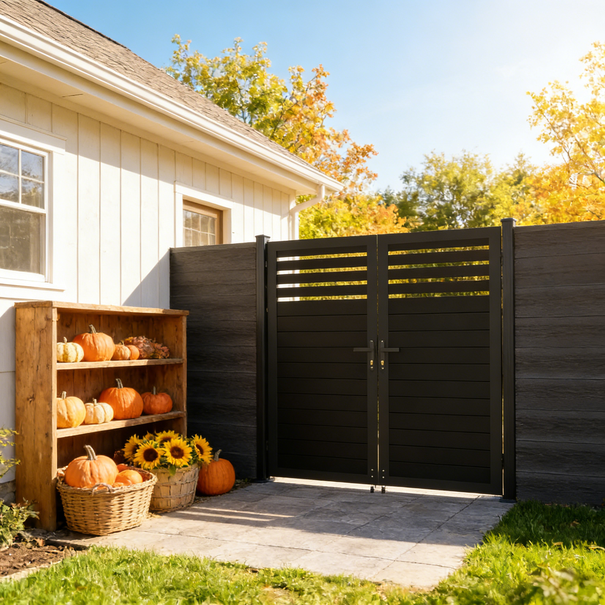 6ft High Black Aluminum Semi-Privacy Fence Gate, Modern Double Gate for Backyard or Driveway, 6ft, 8ft, and 10ft Wide