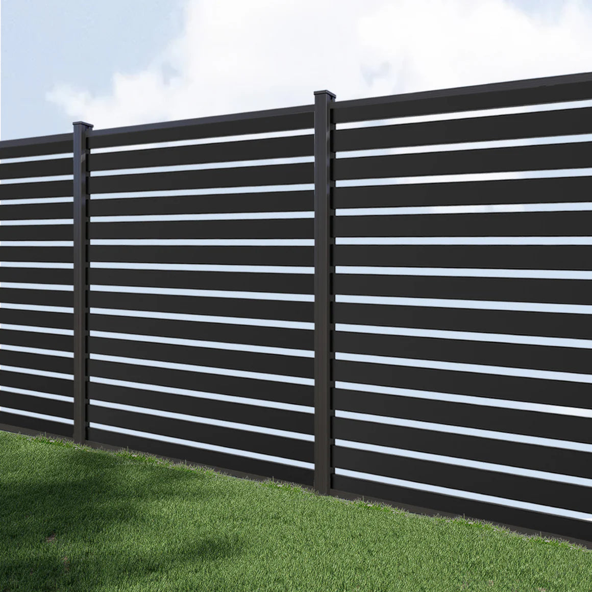6ft W x 6ft/8ft H Black Aluminum Horizontal Slat Fence Panel, Waterproof & UV Resistant Outdoor Fencing