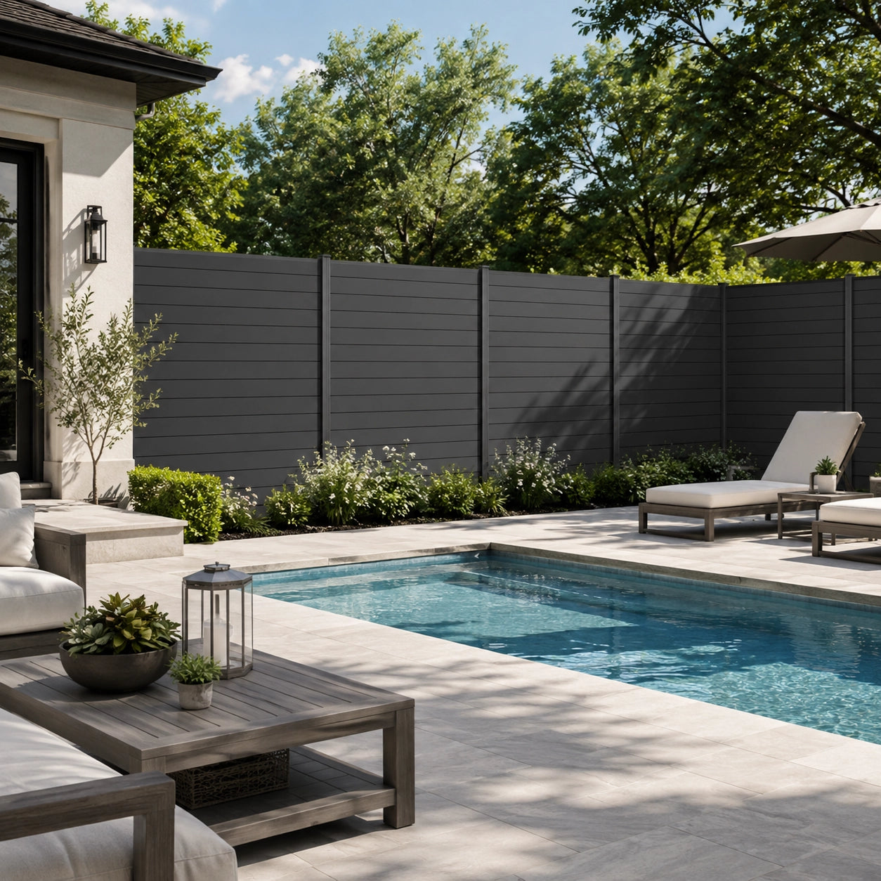 6 ft high aluminum privacy fence with horizontal panels around a backyard pool