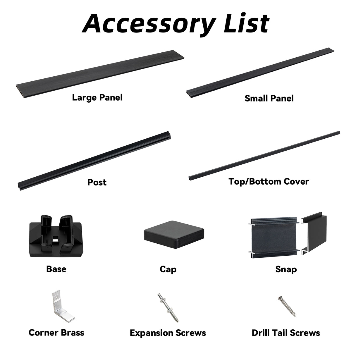 Product dimensions and parts list for 6ft x 6ft black slat top semi-privacy WPC composite fence panel.