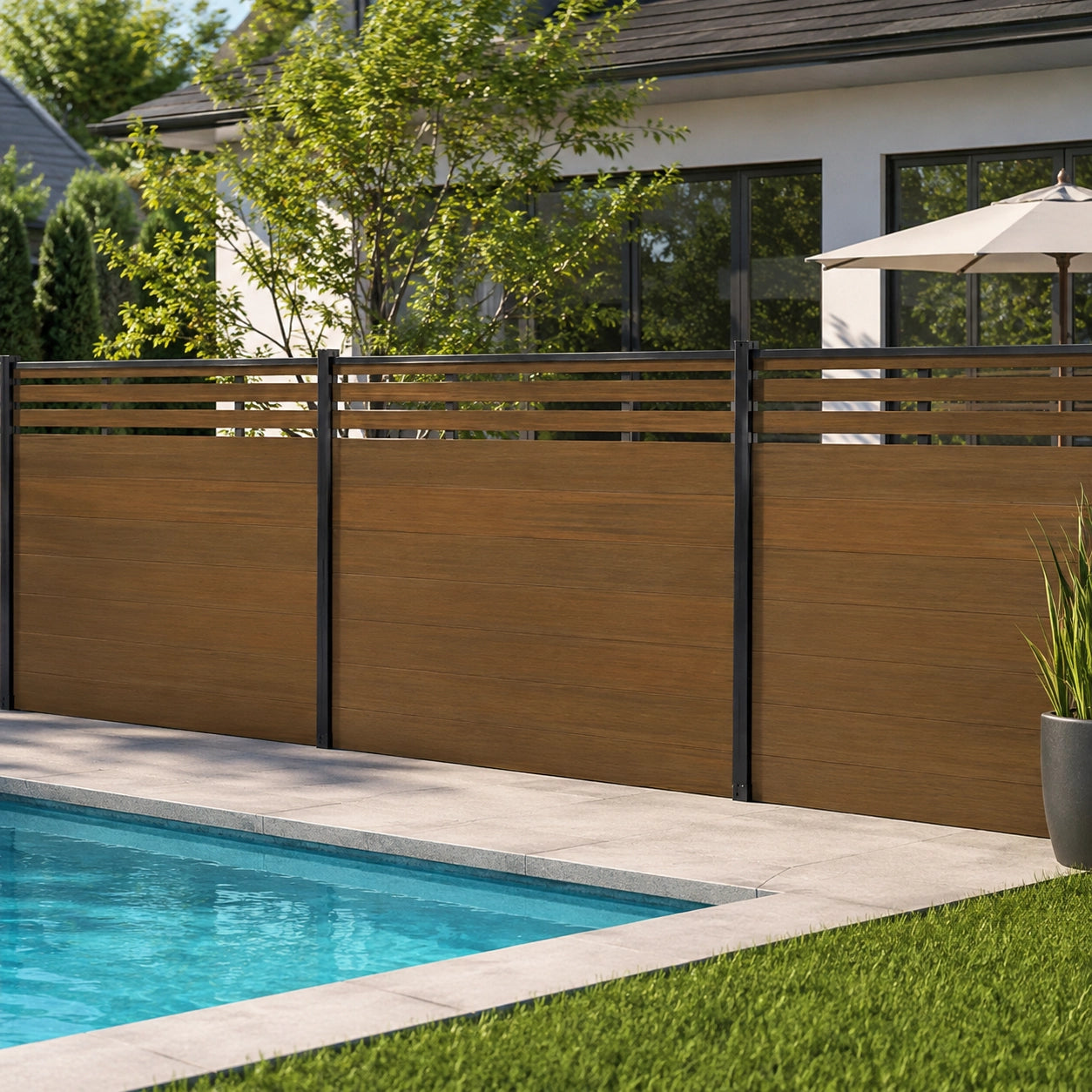 Modern 6ft x 6ft slat top semi-privacy WPC composite fence panel set against a residential house.