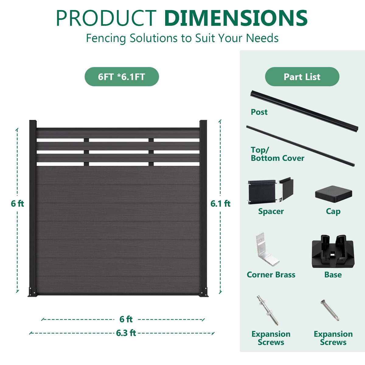 Product dimensions and parts list for 6ft x 6ft silver gray slat top semi-privacy composite fence panel.