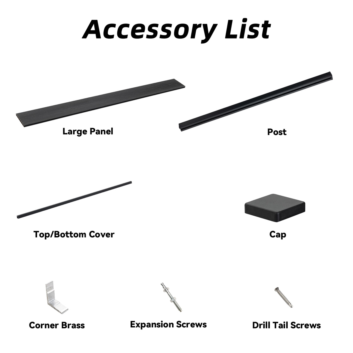 Product dimensions and parts list for 6ft x 6ft WPC premium privacy fence panel with 8ft in-ground installation posts.