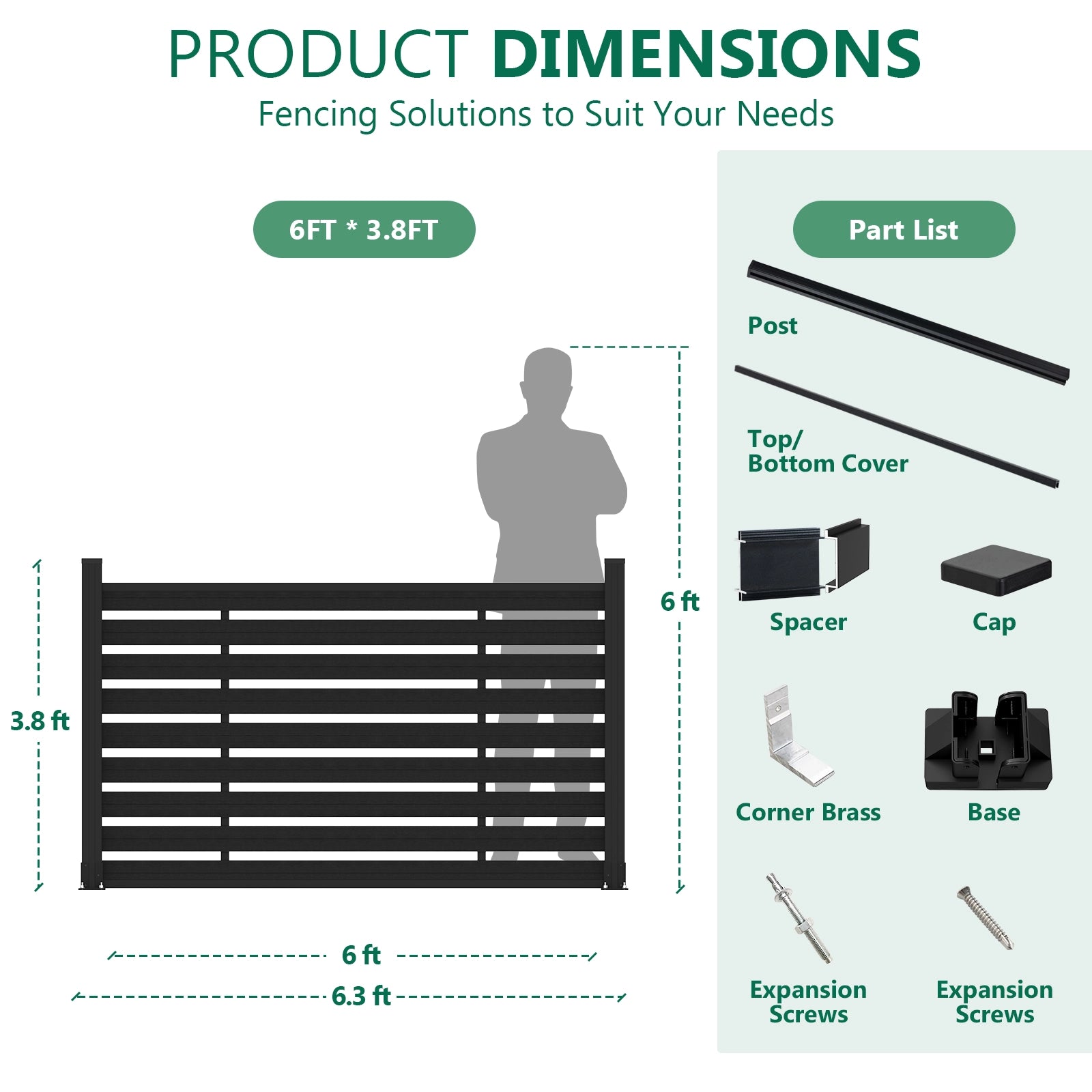 Product dimensions and parts list for 72in wide black WPC horizontal slat fence panel with 3.8ft height.