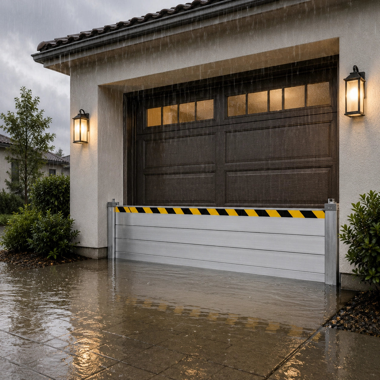8ft x 2ft silver aluminum garage door flood barrier installed on driveway for home flood protection