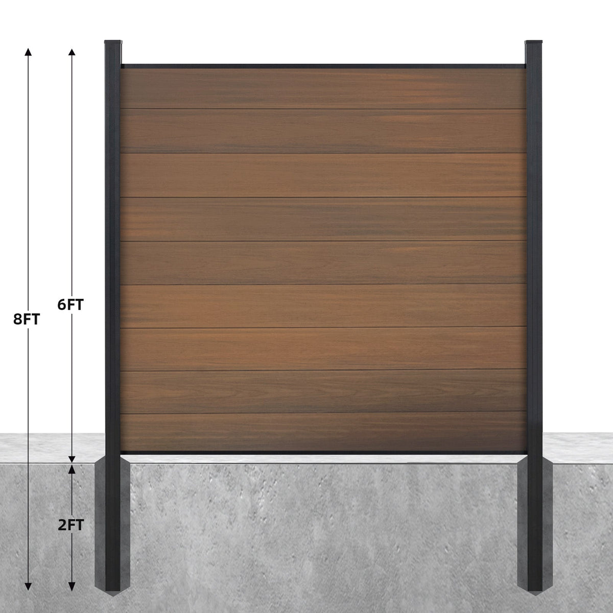 8ft x 6ft Wood grain panel fence, inground post, aluminum frame/posts - CourtyardMart