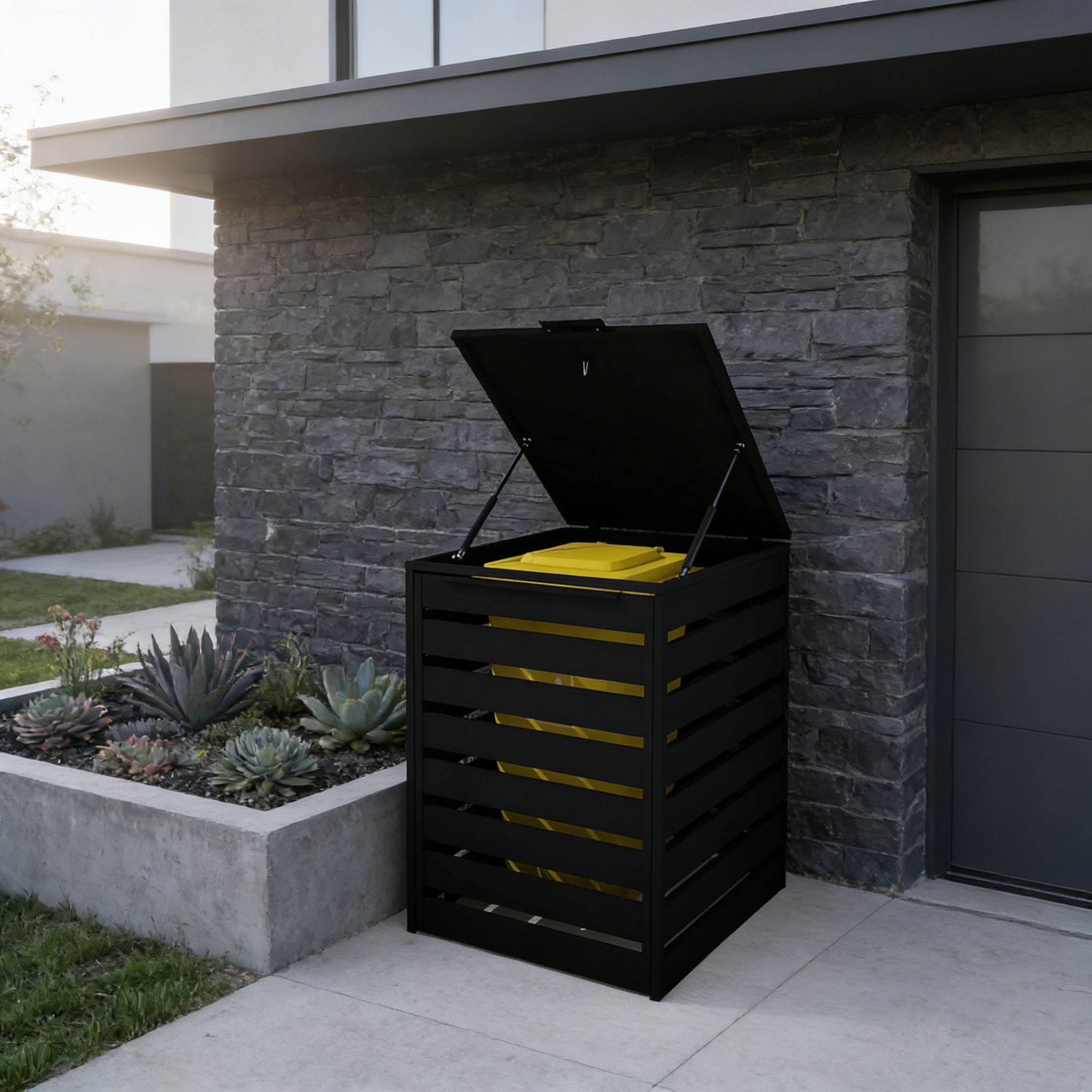 Black Aluminum Trash Can Enclosure with Horizontal Slats, Outdoor Garbage Bin Fence 35.4x40x47.2 in