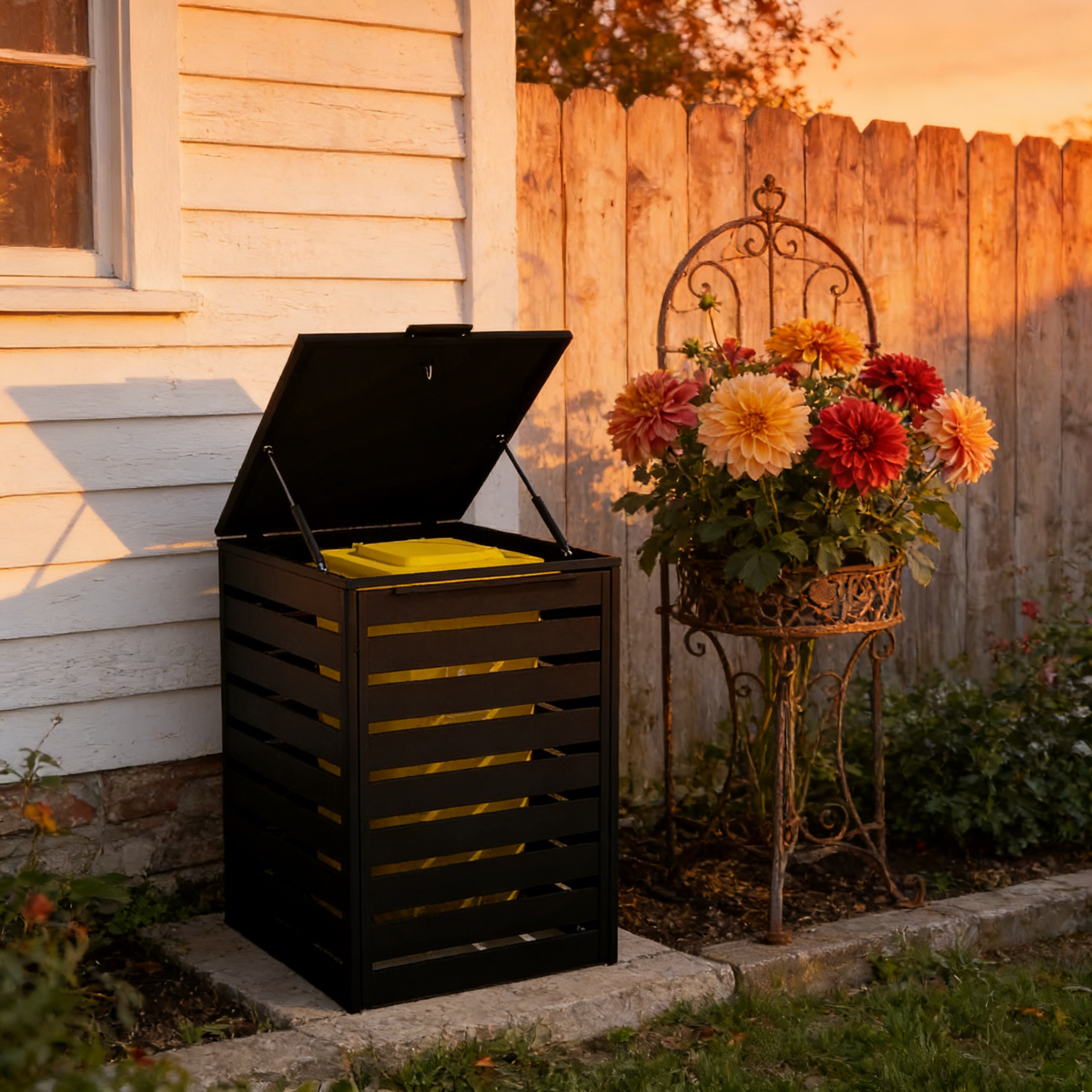 Black Aluminum Trash Can Enclosure with Horizontal Slats, Outdoor Garbage Bin Fence 35.4x40x47.2 in