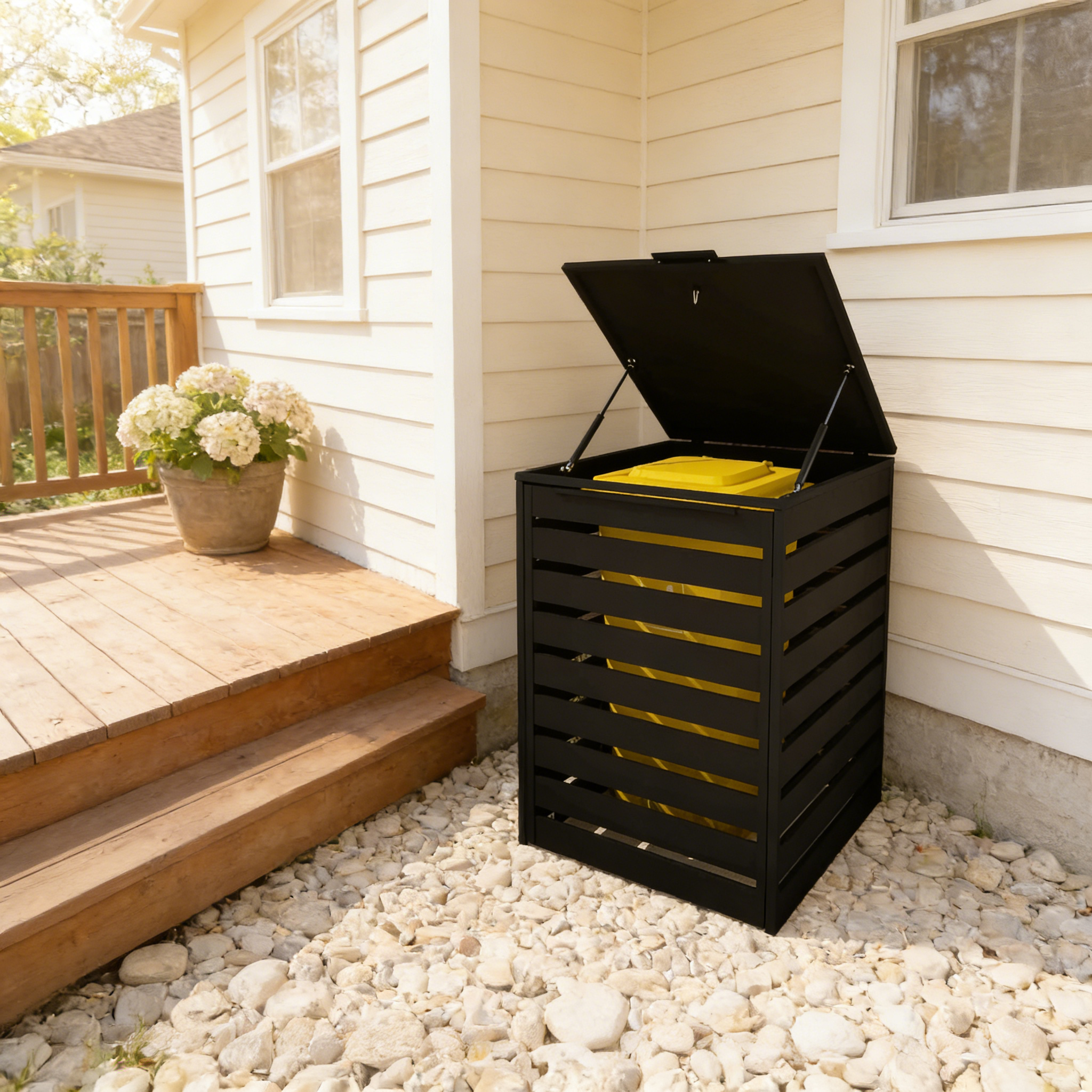 Black Aluminum Trash Can Enclosure with Horizontal Slats, Outdoor Garbage Bin Fence 35.4x40x47.2 in