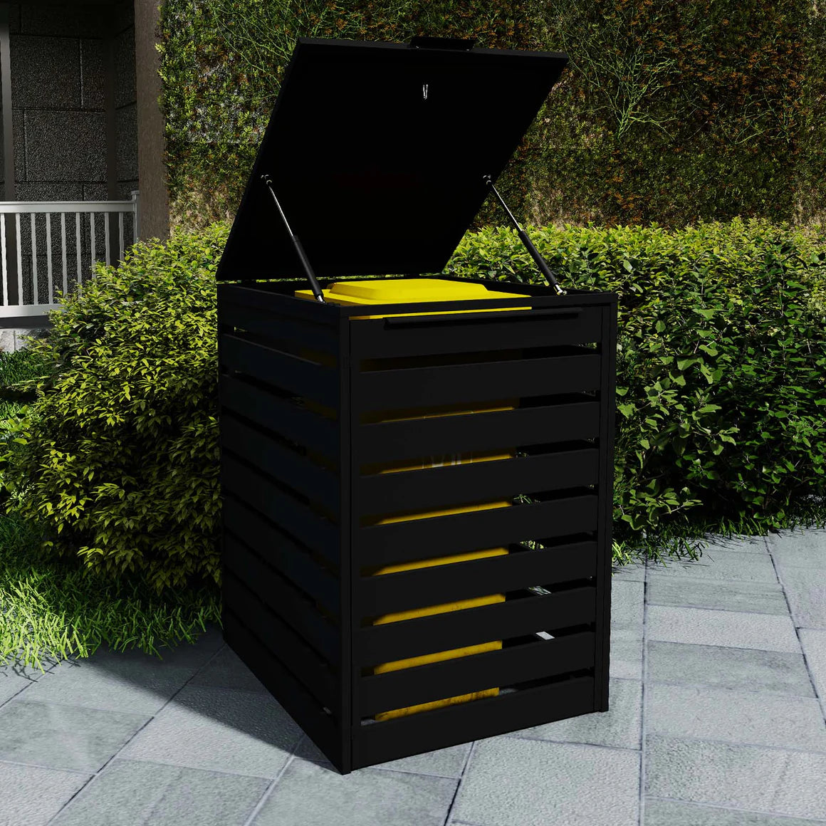 Black Aluminum Trash Can Enclosure with Horizontal Slats, Outdoor Garbage Bin Fence 35.4x40x47.2 in