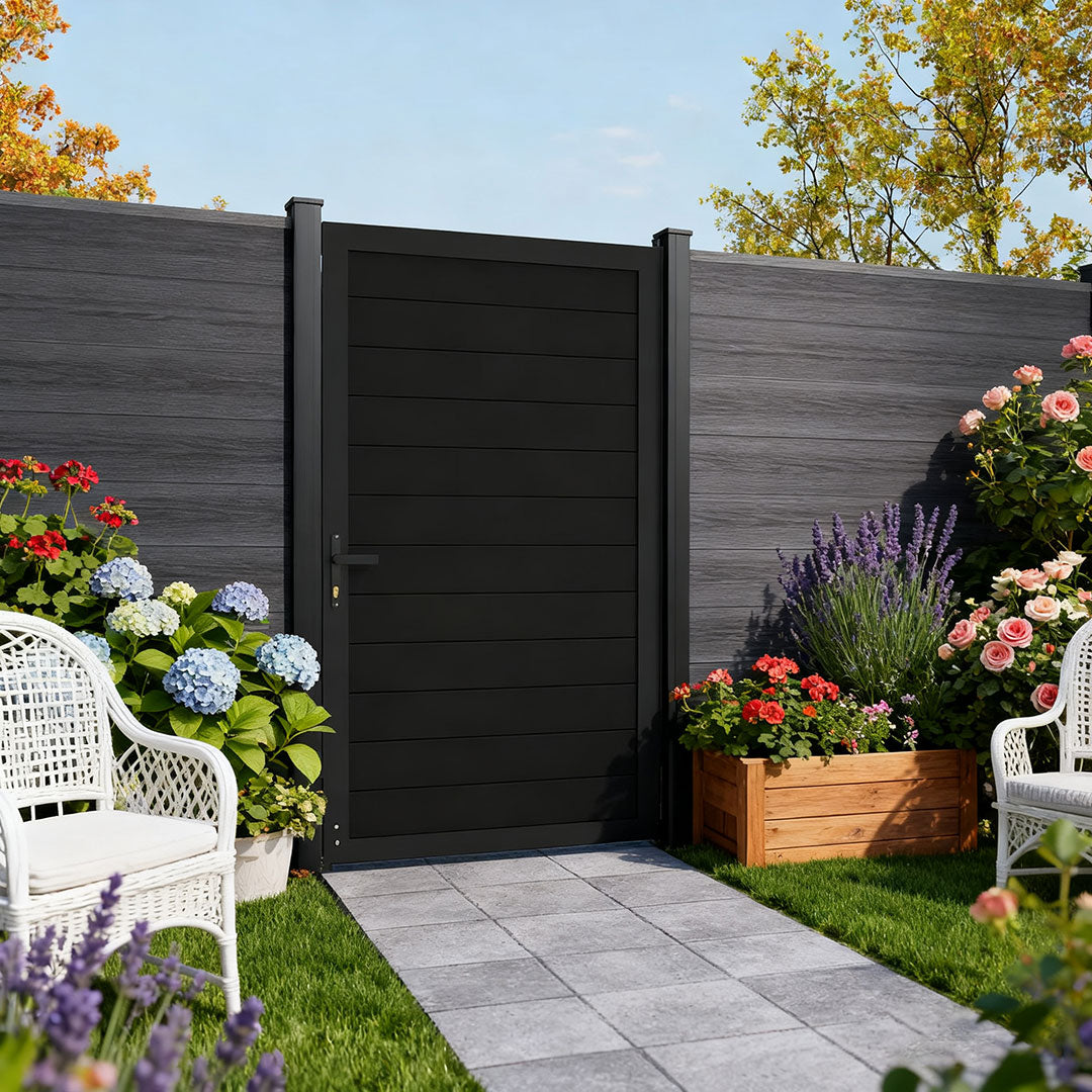 Black aluminum privacy gate for patio entrance by Courtyardmart