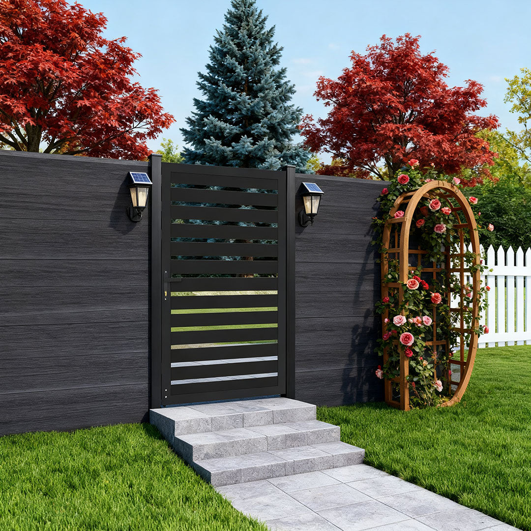 Aluminum single door privacy gate for patio and yard entrances