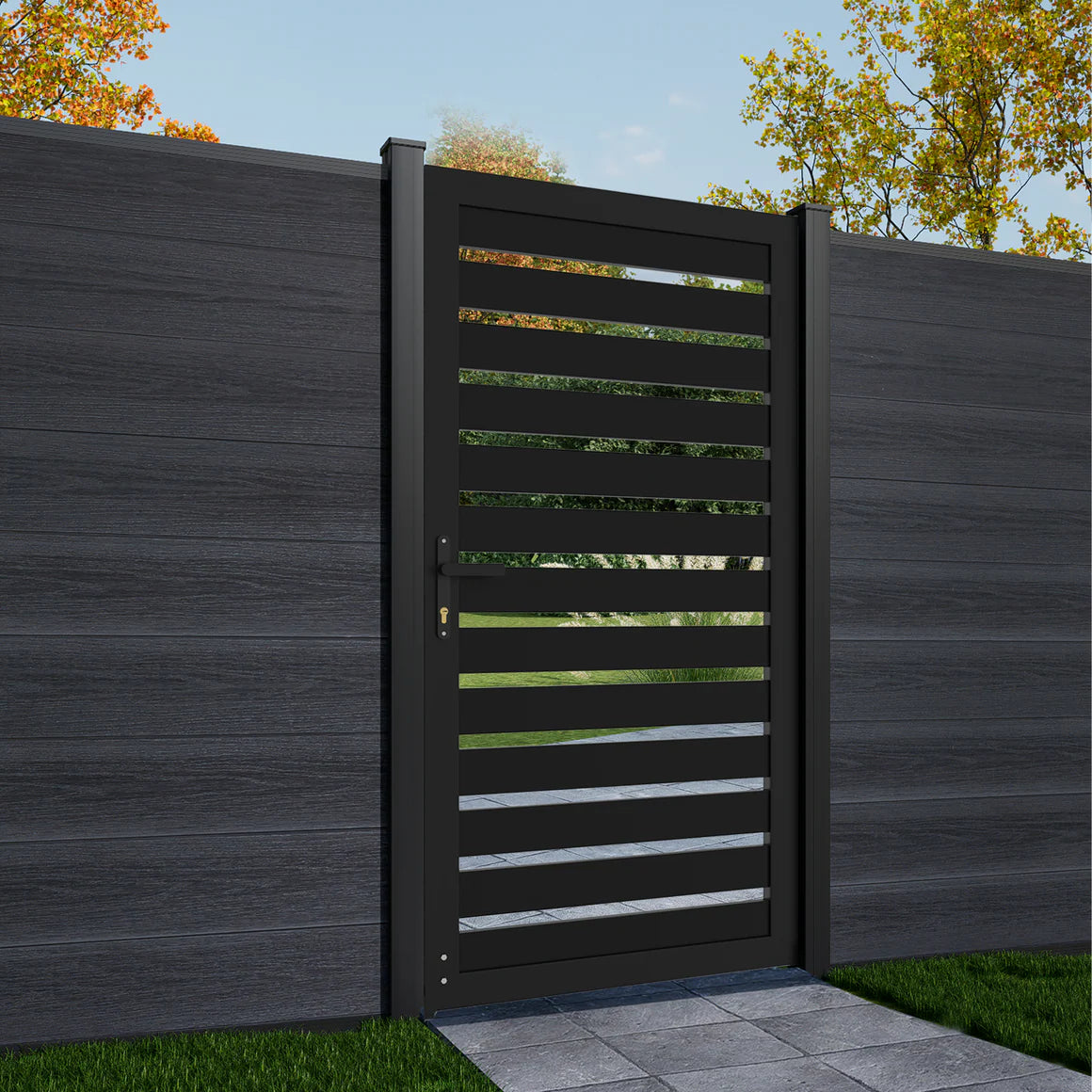 Courtyardmart 6ft x 3ft Black Striped Aluminum Privacy Fence Gate Set for Garden, Backyard, or Patio. Durable Outdoor Fence Gate for Home