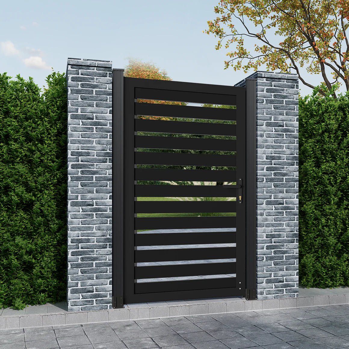 Courtyardmart 6ft x 3ft Black Striped Aluminum Privacy Fence Gate Set for Garden, Backyard, or Patio. Durable Outdoor Fence Gate for Home