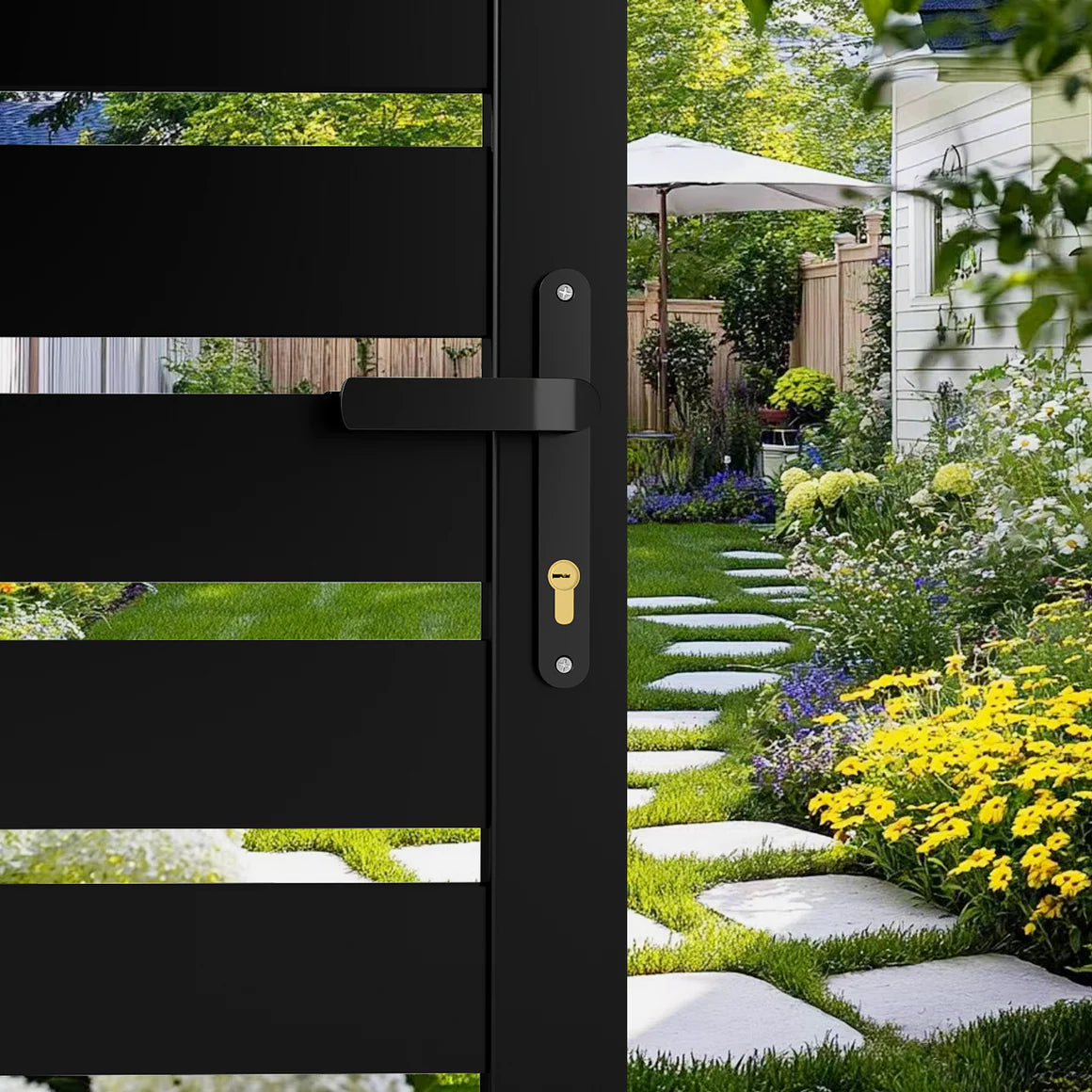 Courtyardmart 6ft x 3ft Black Striped Aluminum Privacy Fence Gate Set for Garden, Backyard, or Patio. Durable Outdoor Fence Gate for Home