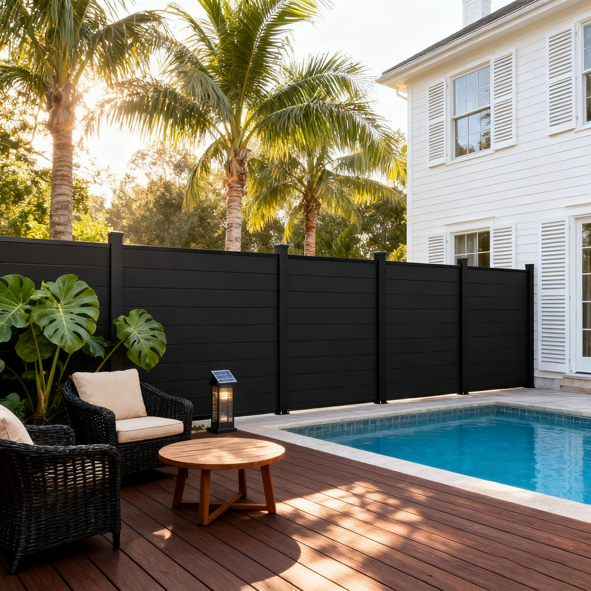 Black aluminum privacy fence panel installed in backyard garden for outdoor privacy