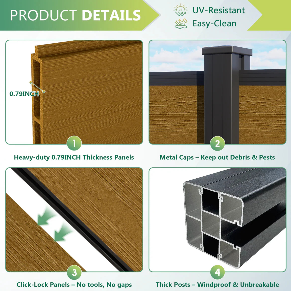 Courtyardmart 6ft x 6ft Privacy Composite WPC Fence, Waterproof, UV Resistant, Available in 3 Colors for Outdoor Walls, Gardens, Patios, Balconies