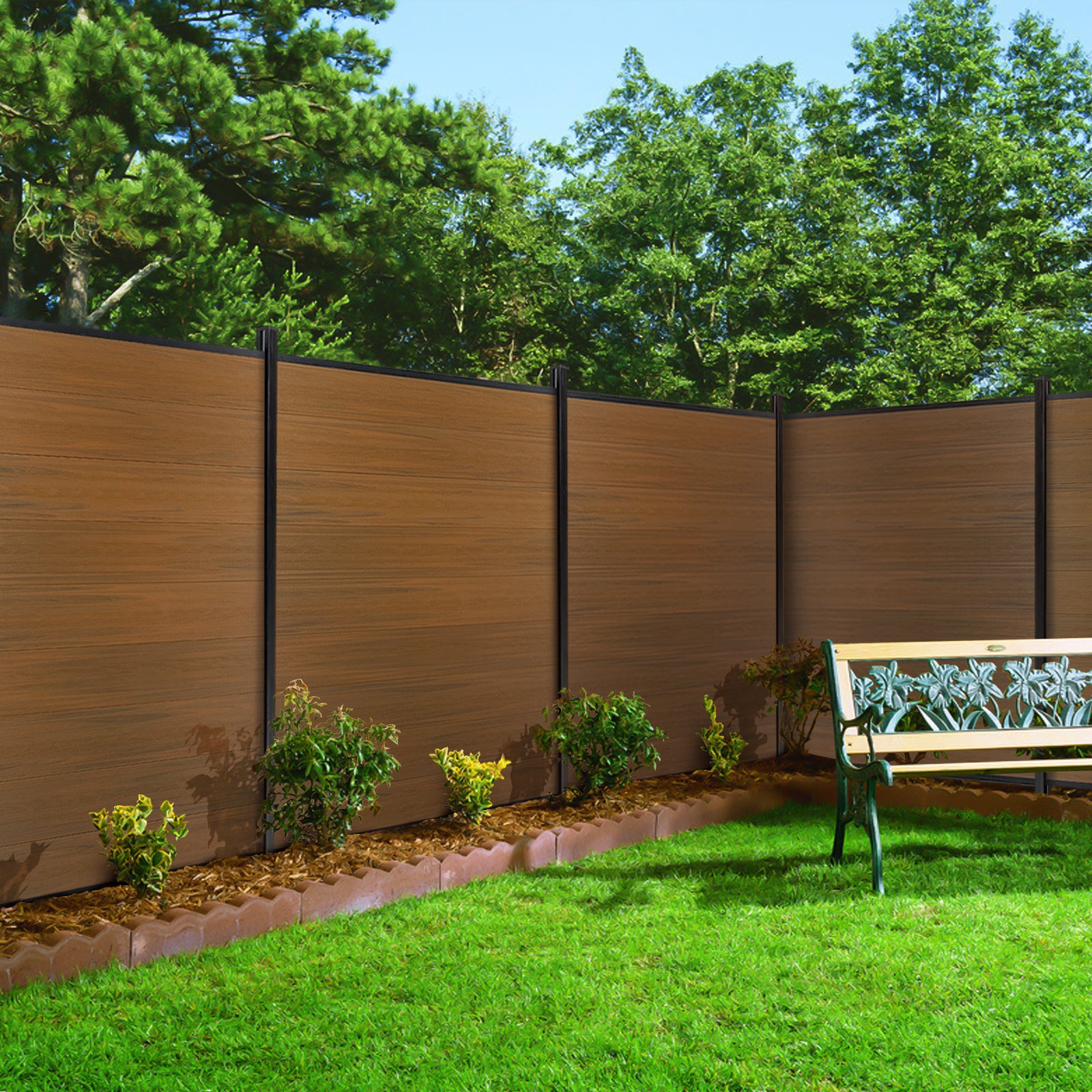Courtyardmart 8ft x 6ft Brushed Composite Privacy Fence Screen with Black Post for Outdoor Decor In Ground Install for Garden Backyard Patio Porch or Wall