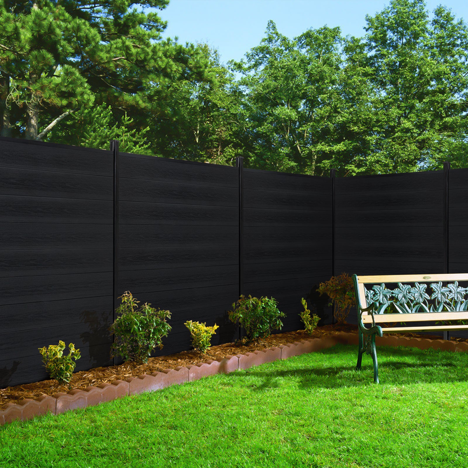 Courtyardmart 8ft x 6ft Brushed Composite Privacy Fence Screen with Black Post for Outdoor Decor In Ground Install for Garden Backyard Patio Porch or Wall