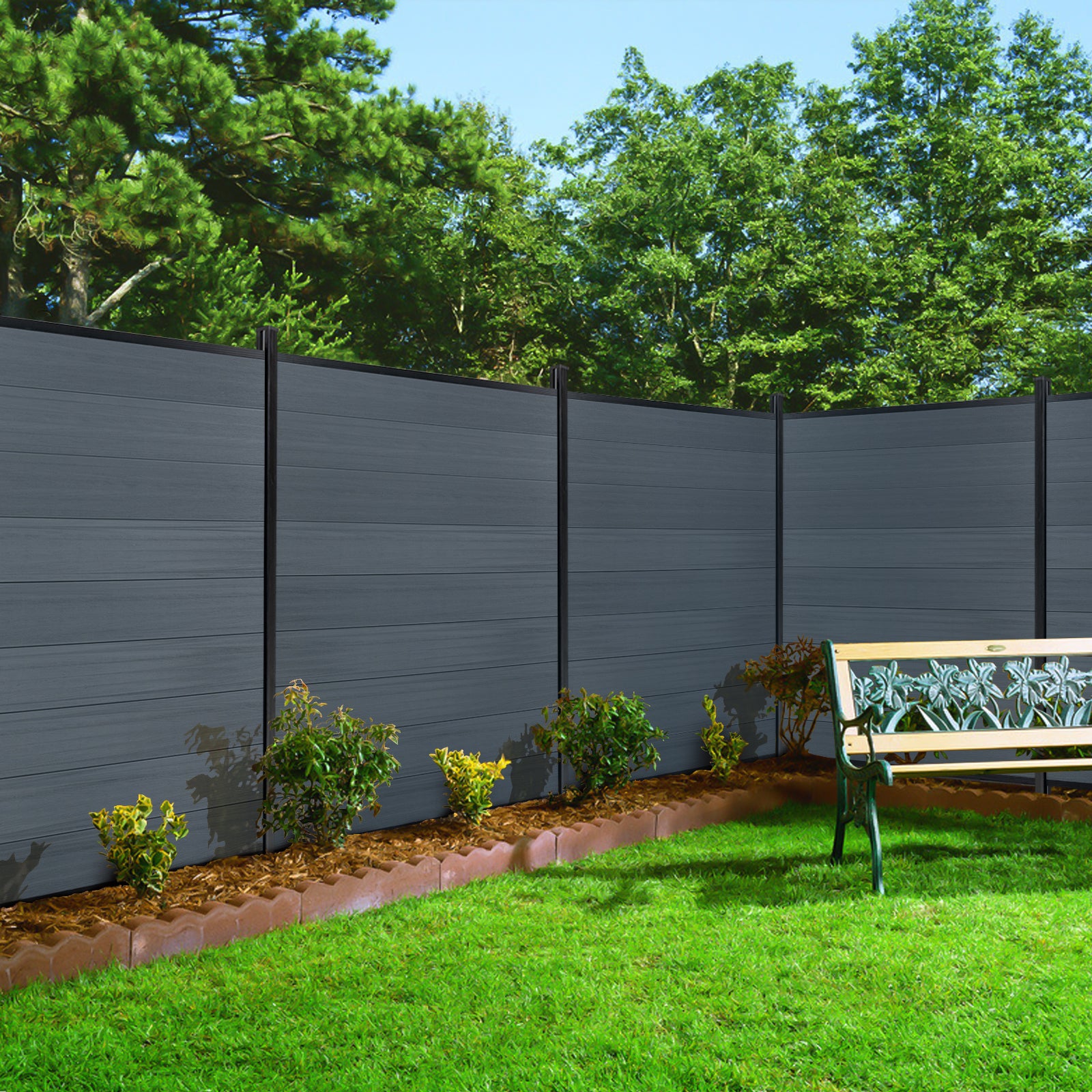 Courtyardmart 8ft x 6ft Brushed Composite Privacy Fence Screen with Black Post for Outdoor Decor In Ground Install for Garden Backyard Patio Porch or Wall
