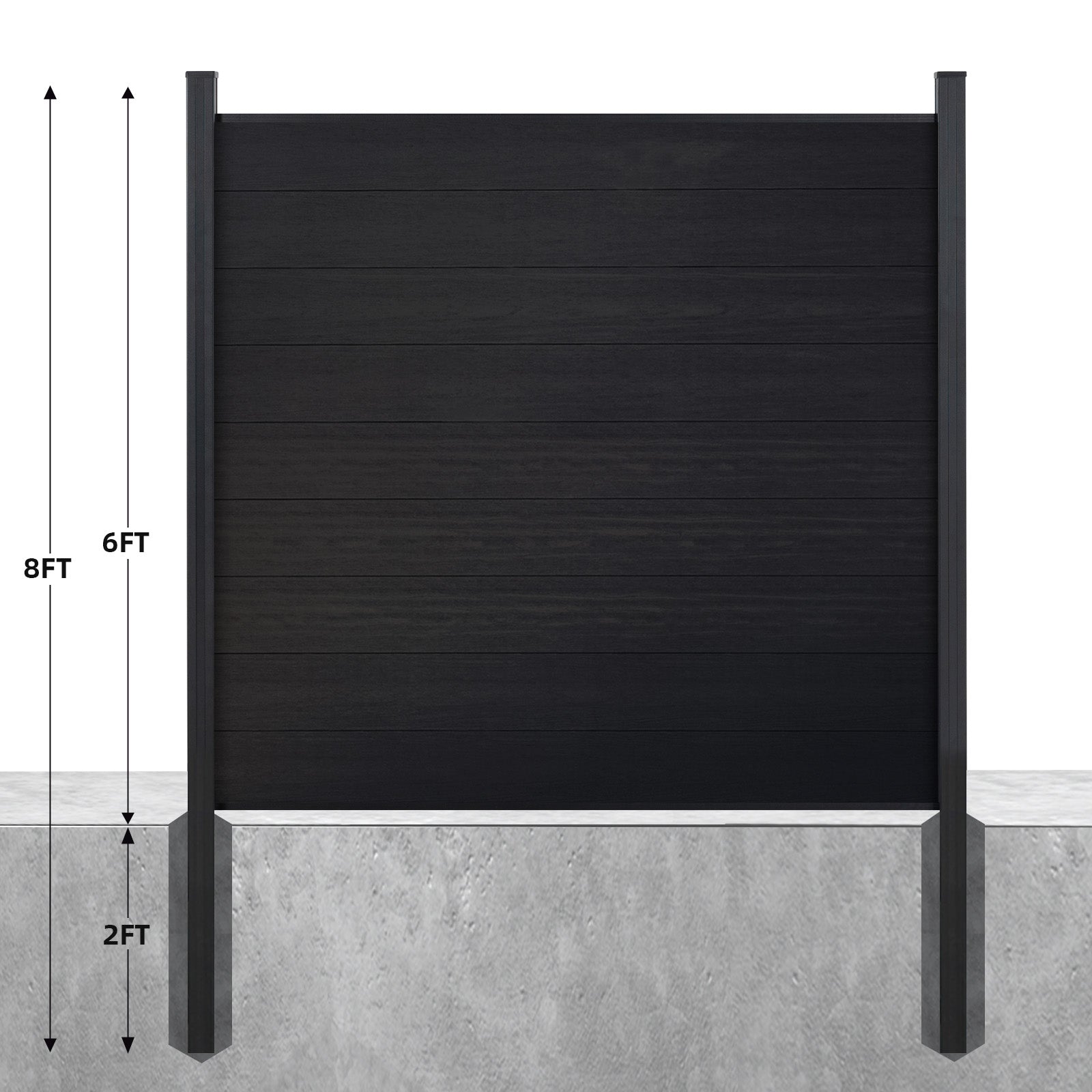 Courtyardmart 8ft x 6ft Brushed Composite Privacy Fence Screen with Black Post for Outdoor Decor In Ground Install for Garden Backyard Patio Porch or Wall