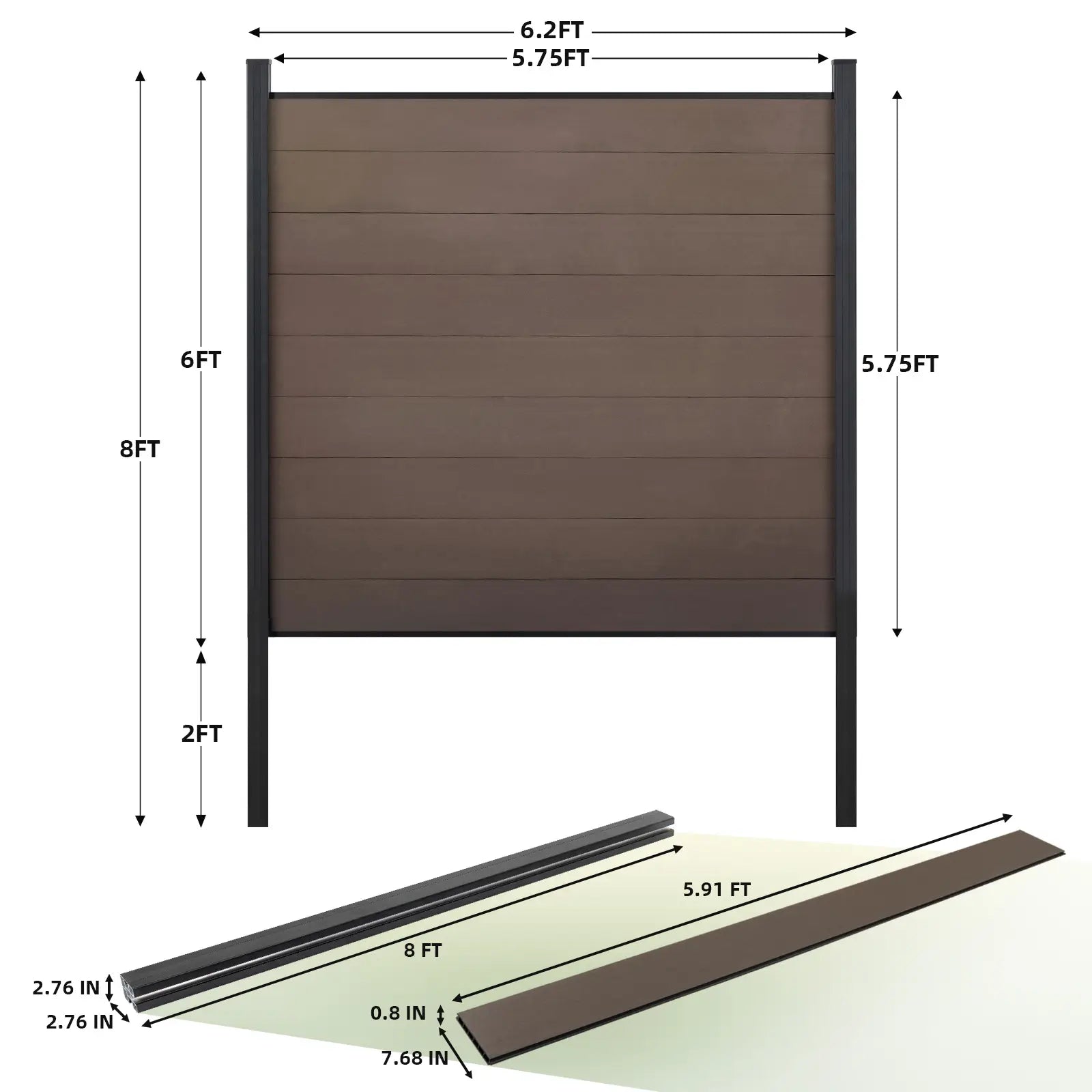 Courtyardmart 8ft x 6ft Full Privacy Composite Fence Screen with Grained Finish for Outdoor Decor Underground Install for Yard Garden Patio Porch Balcony Wall