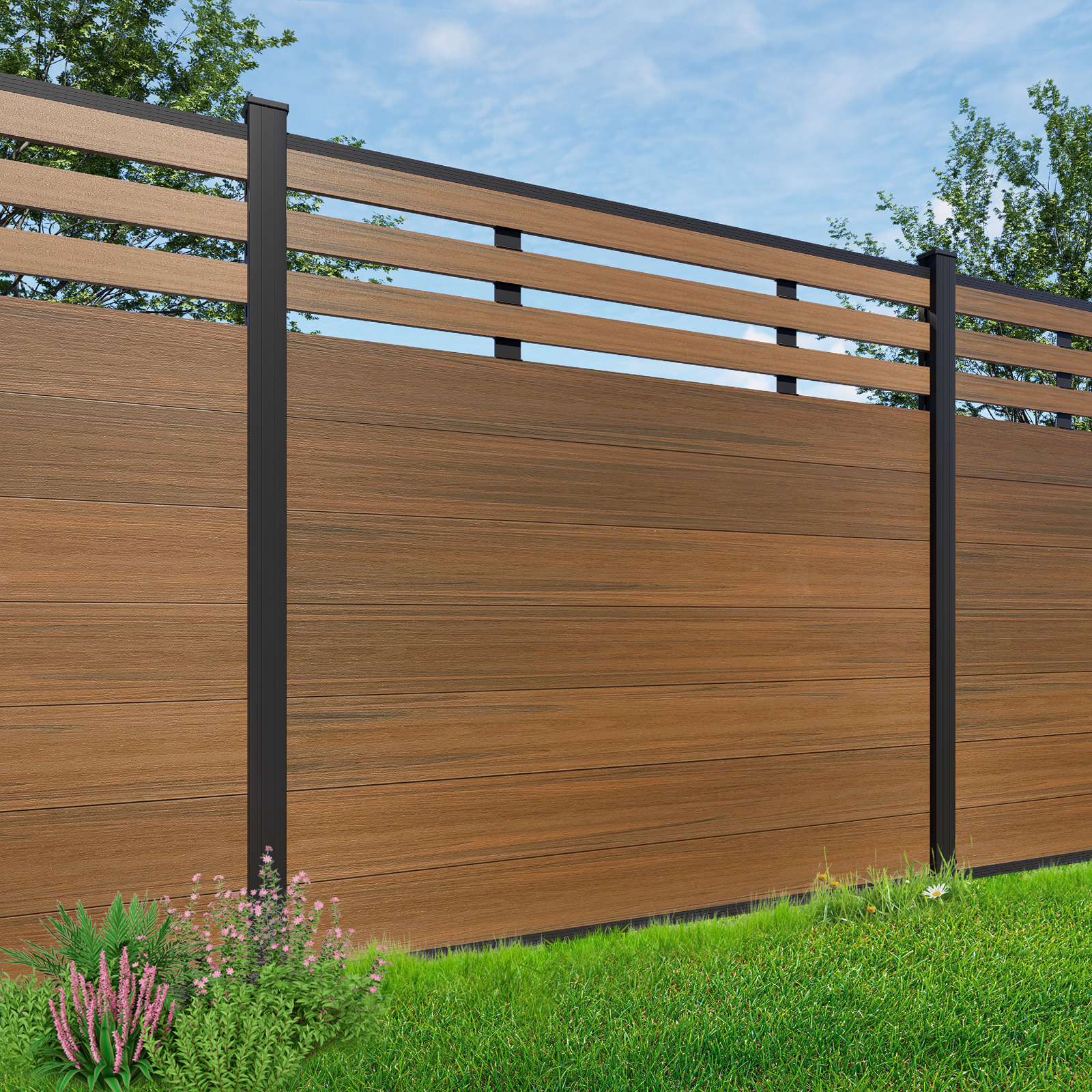 Courtyardmart 8ft x 6ft Semi-Closed Composite Privacy Fence Screen with Grained Finish Underground Installation for Backyard Garden Patio Porch Balcony