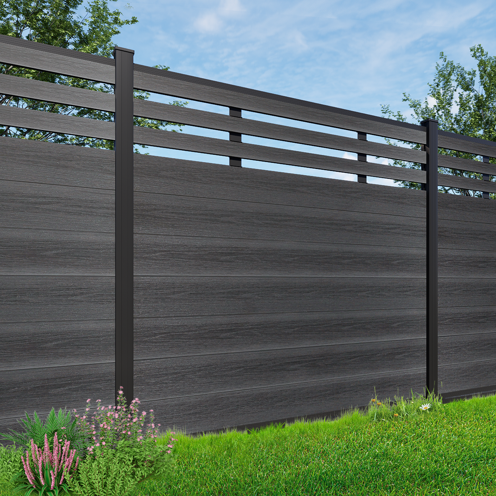 Courtyardmart 8ft x 6ft Semi-Closed Composite Privacy Fence Screen with Grained Finish Underground Installation for Backyard Garden Patio Porch Balcony