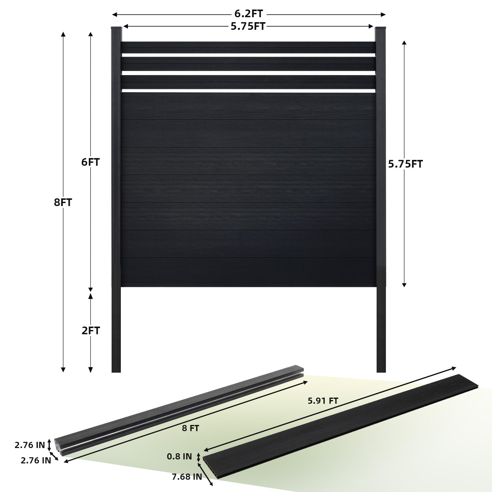 Courtyardmart 8ft x 6ft Semi-Closed Composite Privacy Fence Screen with Grained Finish Underground Installation for Backyard Garden Patio Porch Balcony