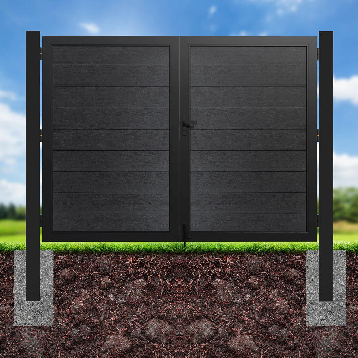 Double fence gate installed with 96in aluminum metal gate posts, durable underground outdoor fence support