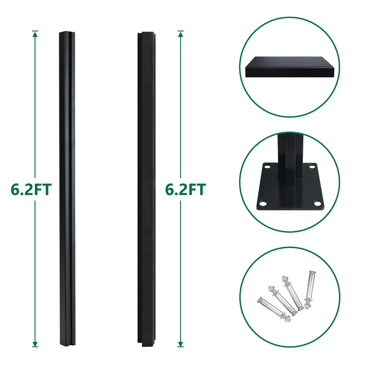 Durable black aluminum fence corner post with 4 size options, easy to install outdoor post kit
