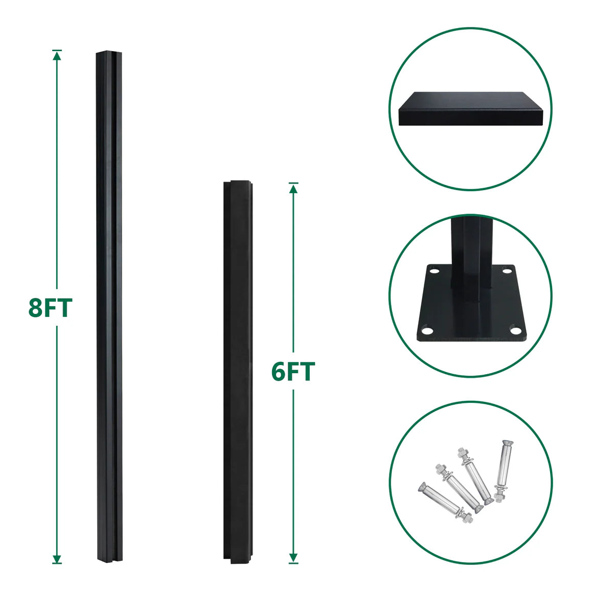 Aluminum fence corner and straight post set, adjustable design for garden and backyard fencing