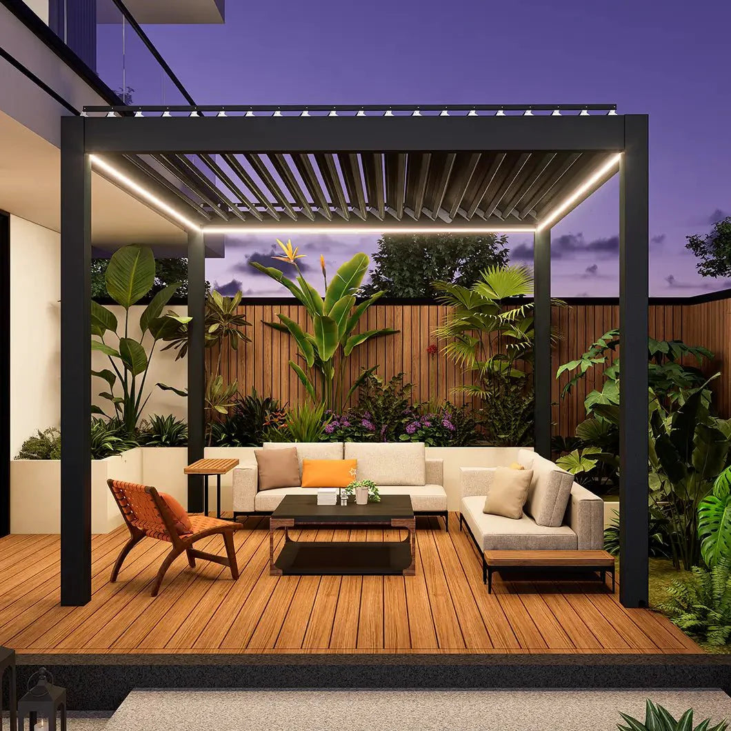 Courtyardmart Electric Louvered Pergola with Full Aluminum Frame and LED Lights, Motorized Roof Pergola for Outdoor Patio or Backyard, Modern Metal Pergola System