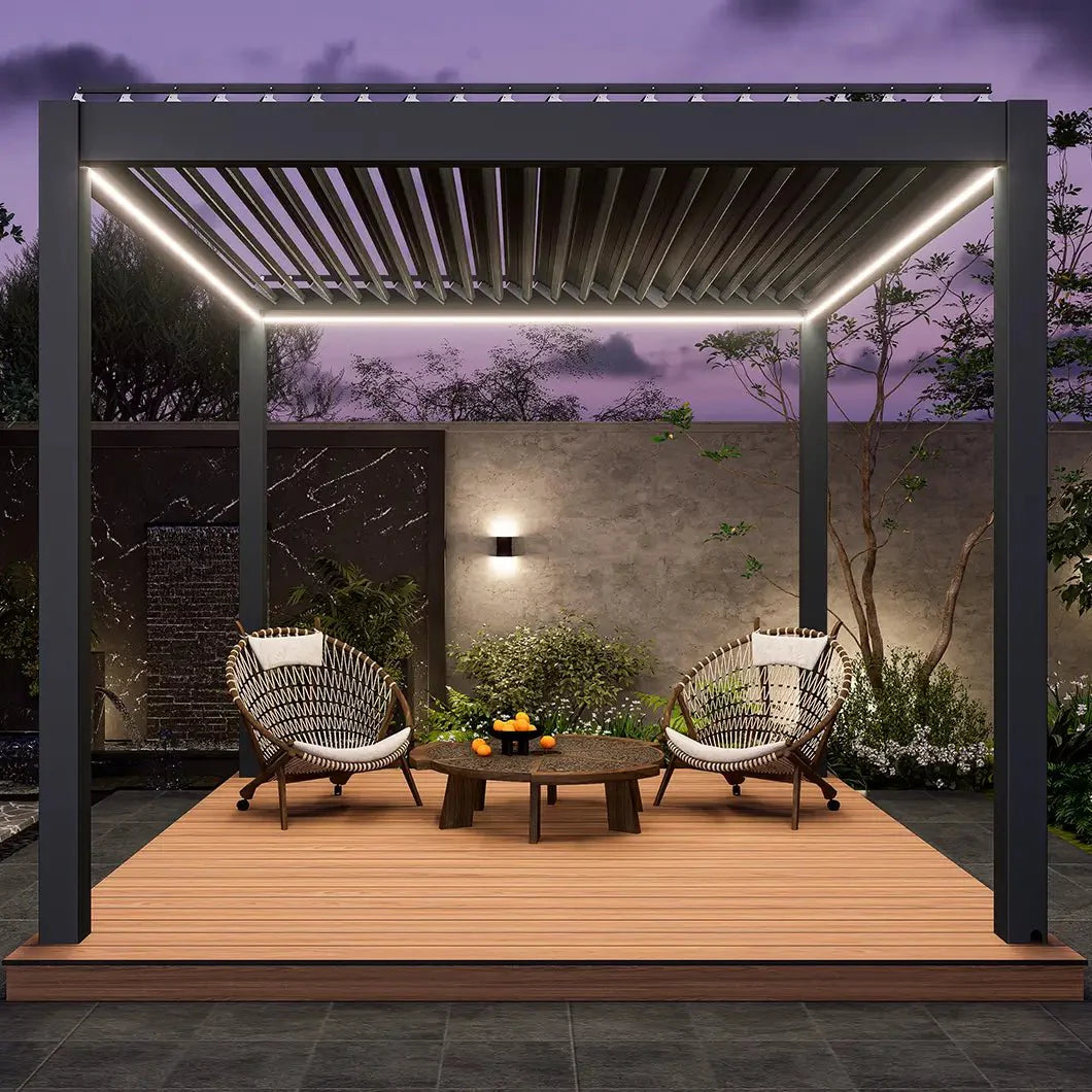 Courtyardmart Electric Louvered Pergola with Full Aluminum Frame and LED Lights, Motorized Roof Pergola for Outdoor Patio or Backyard, Modern Metal Pergola System