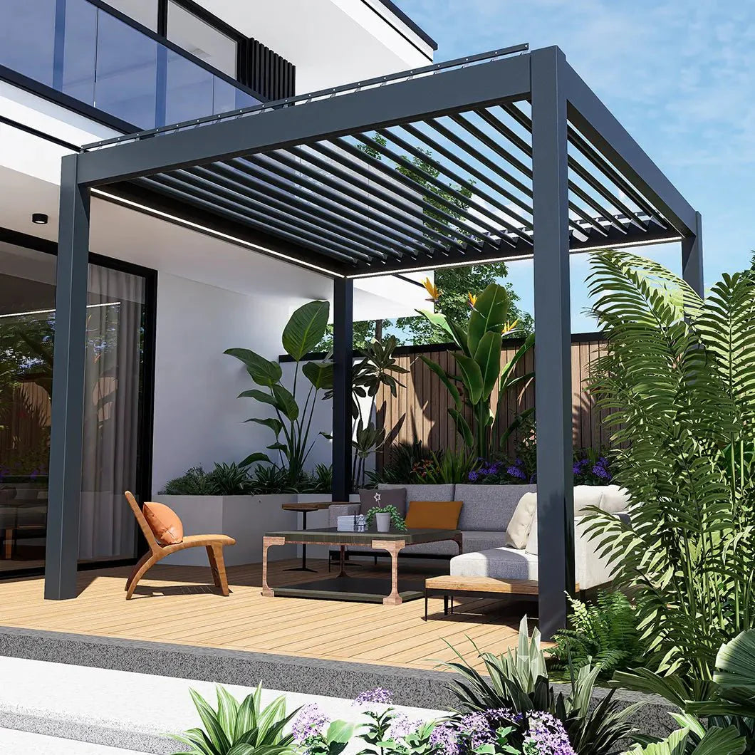 Courtyardmart Electric Louvered Pergola with Full Aluminum Frame and LED Lights, Motorized Roof Pergola for Outdoor Patio or Backyard, Modern Metal Pergola System